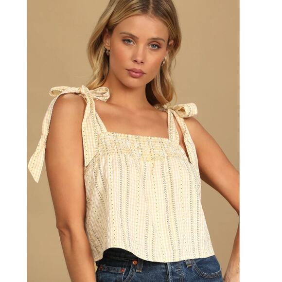 Lulus Checking In Beige and White Gingham Tie-Strap Crop Halter Top - Medium - Picture 1 of 7